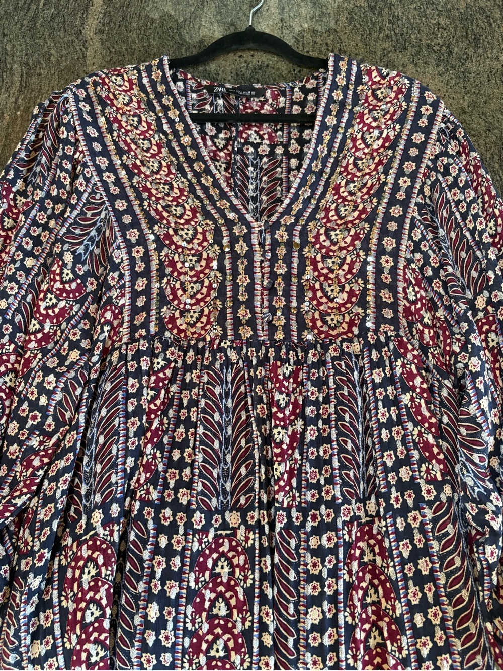 Zara Navy, Burgundy and Cream Printed V-Neck Boho Tunic